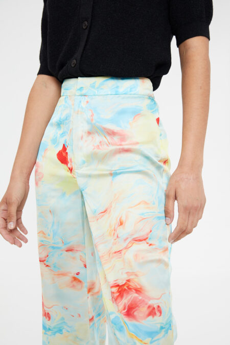 Marble print flared satin trousers