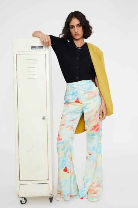 Marble print flared satin trousers