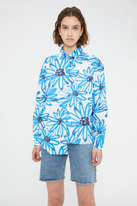 Blue floral print poplin shirt