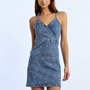 Mini denim dress with rhinestones